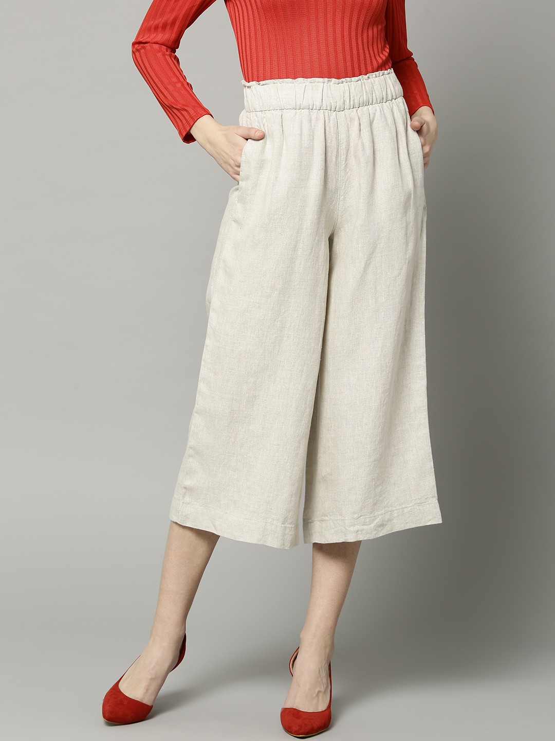 

Marks & Spencer Women Beige Regular Fit Solid Linen Culottes