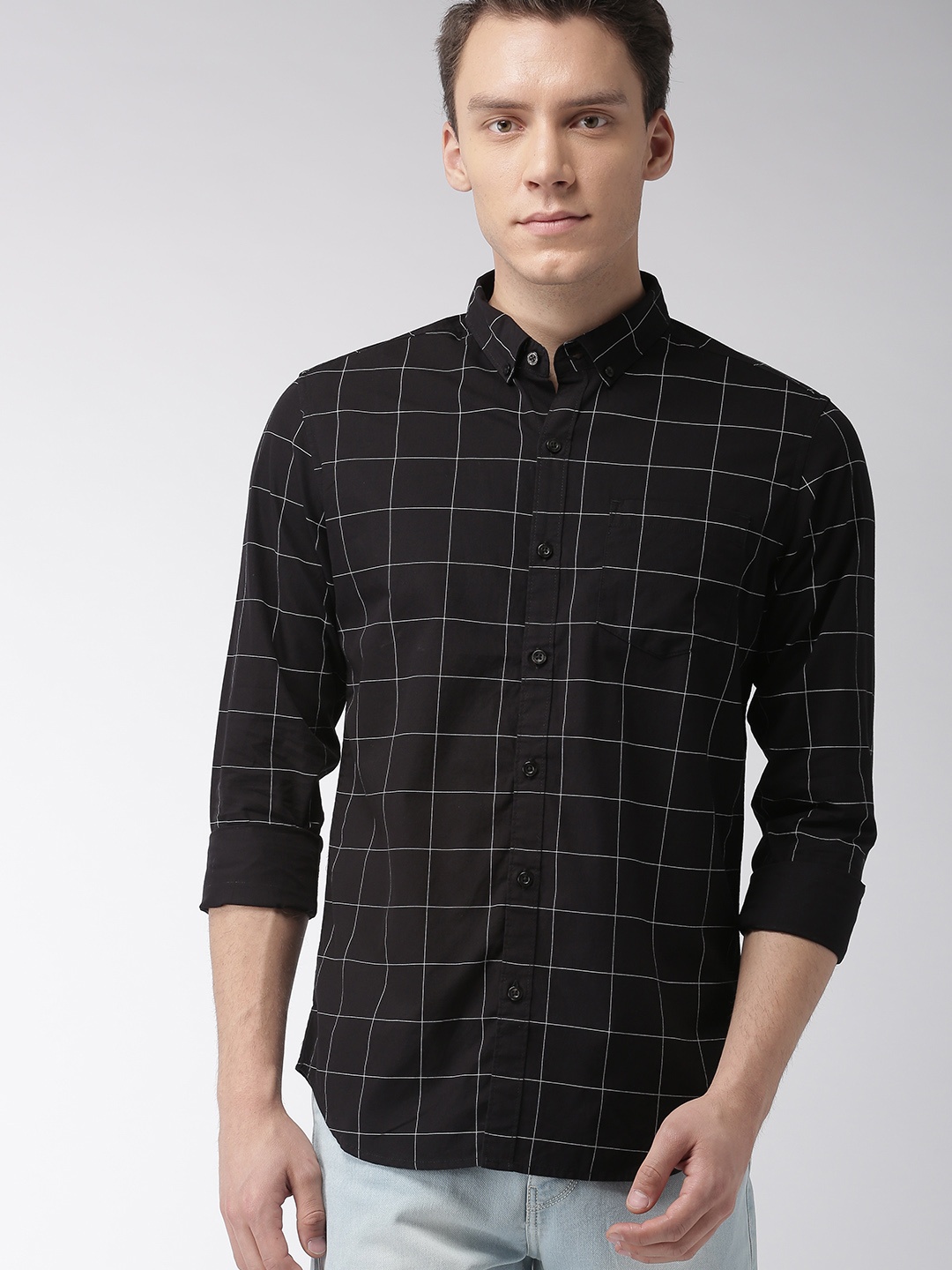 

HIGHLANDER Men Black & White Slim Fit Checked Casual Shirt