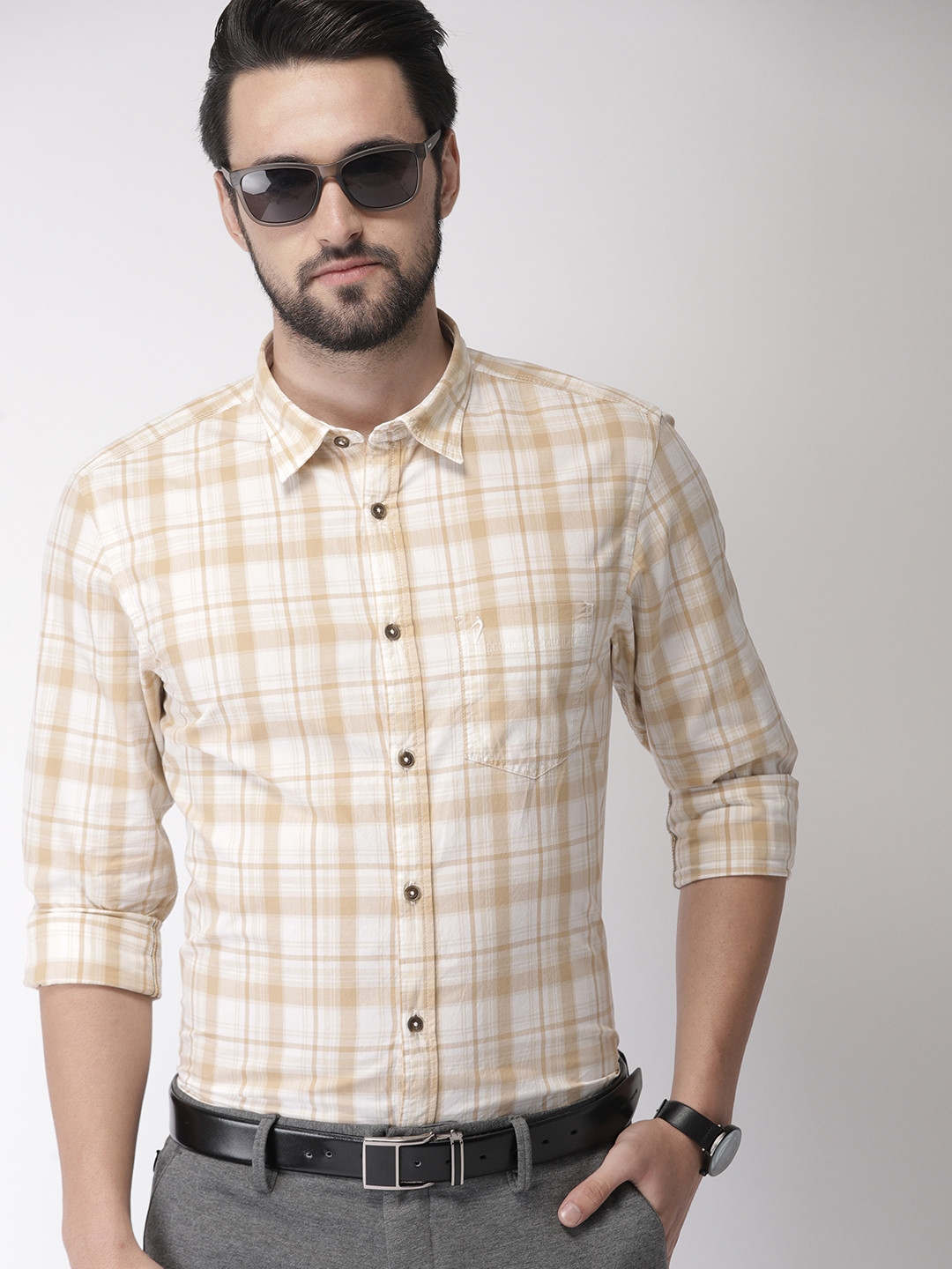 

Indian Terrain Men Off-White & Beige Chiseled Slim Fit Checked Smart Casual Shirt