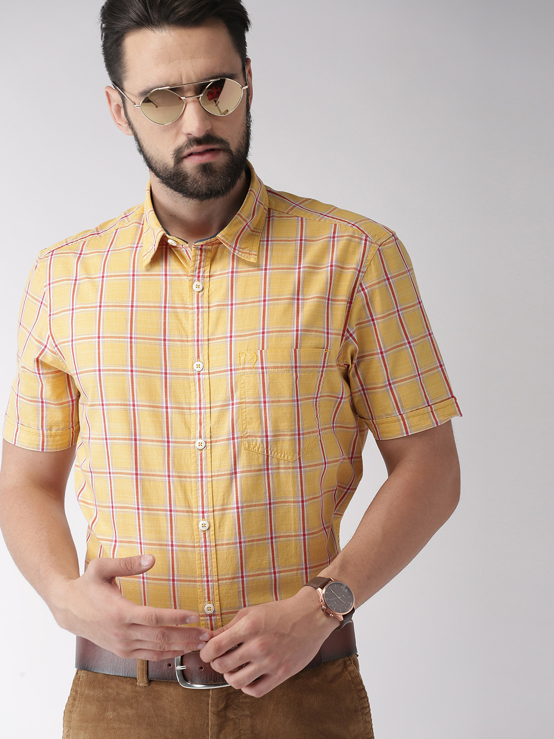 

Indian Terrain Men Yellow & Red Slim Fit Checked Smart Casual Shirt