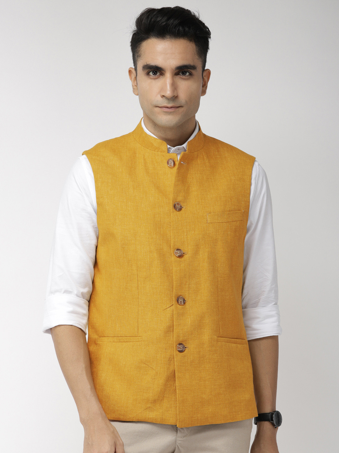

Indian Terrain Men Mustard Yellow Solid Linen Nehru Jacket