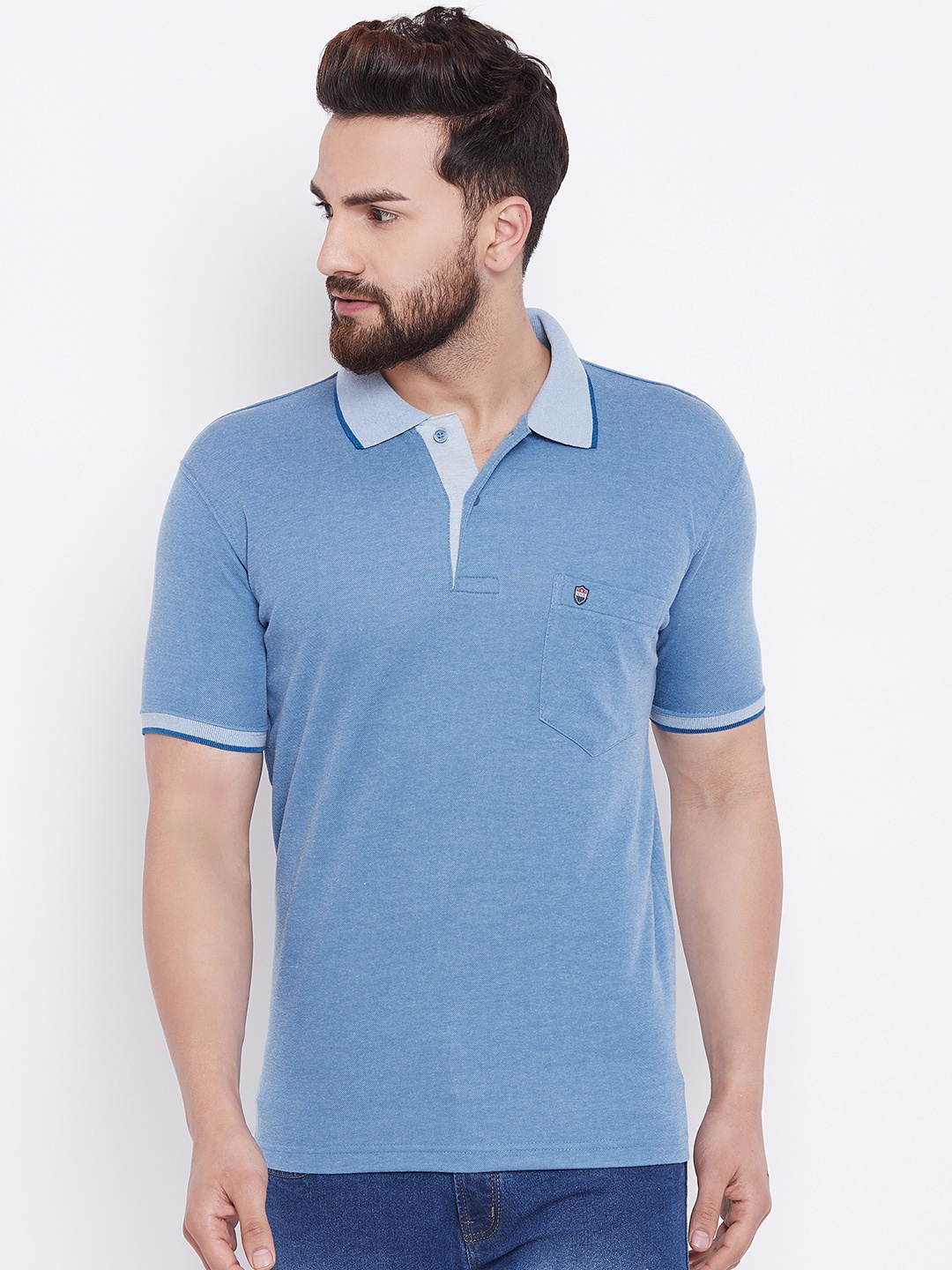 

Duke Men Blue Solid Polo Collar T-shirt