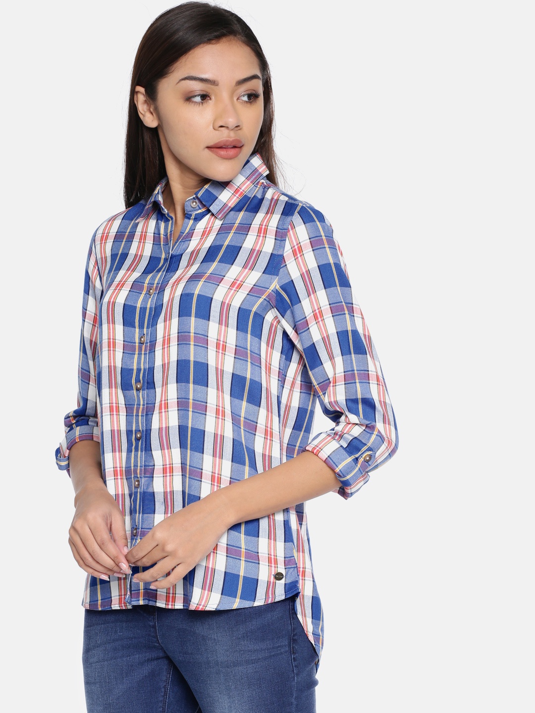 

U.S. Polo Assn. Women Women Blue & White Regular Fit Checked Casual Shirt