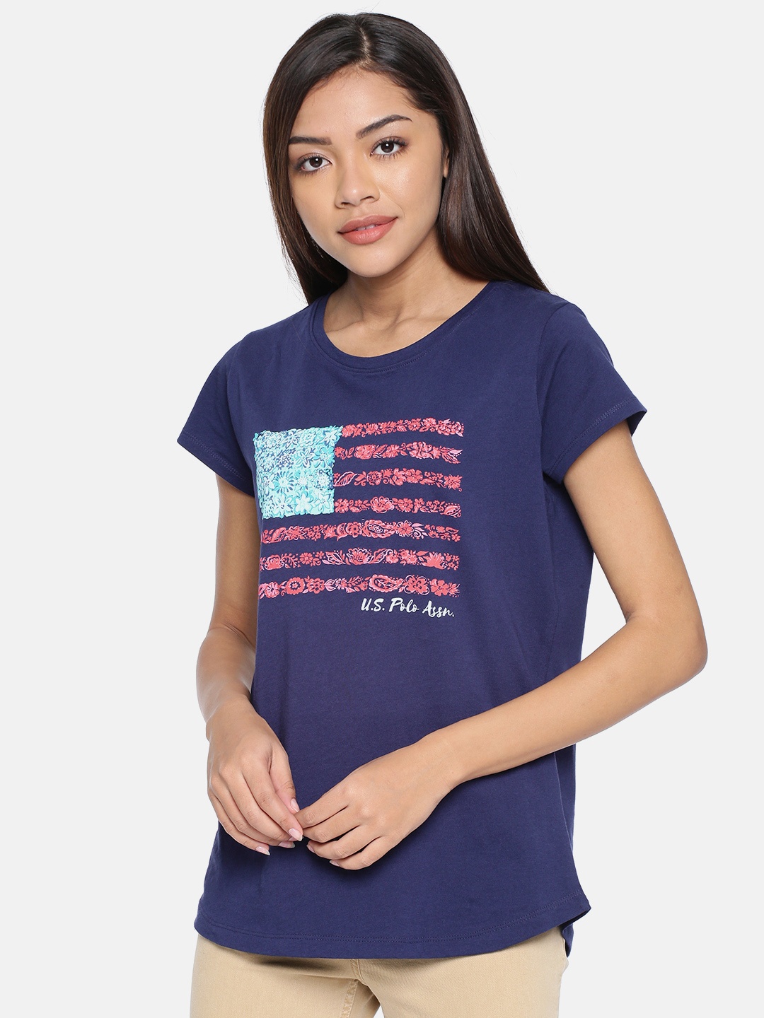 

U.S. Polo Assn. Women Women Blue Printed Round Neck Pure Cotton T-shirt
