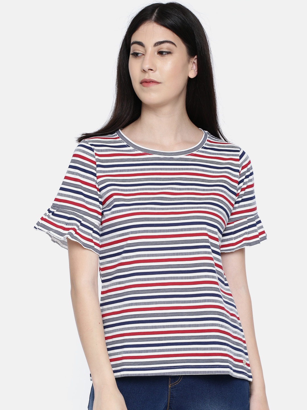 

U.S. Polo Assn. Women Women White Navy Blue Striped Round Neck Pure Cotton T-shirt