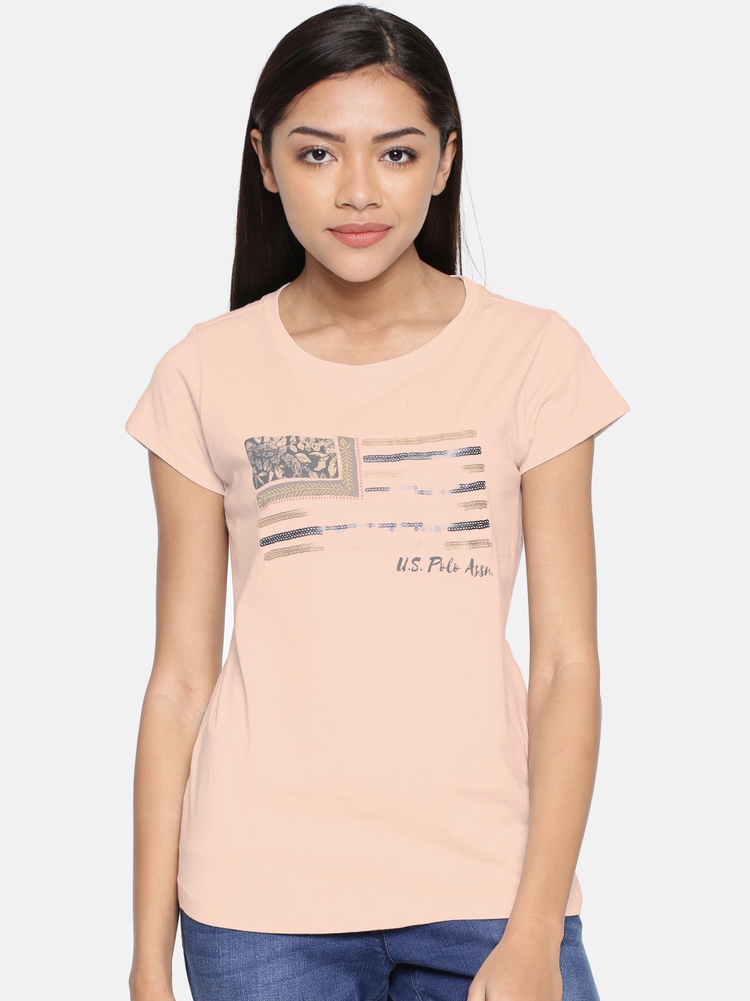 

U.S. Polo Assn. Women Women Pink Printed Round Neck Pure Cotton T-shirt
