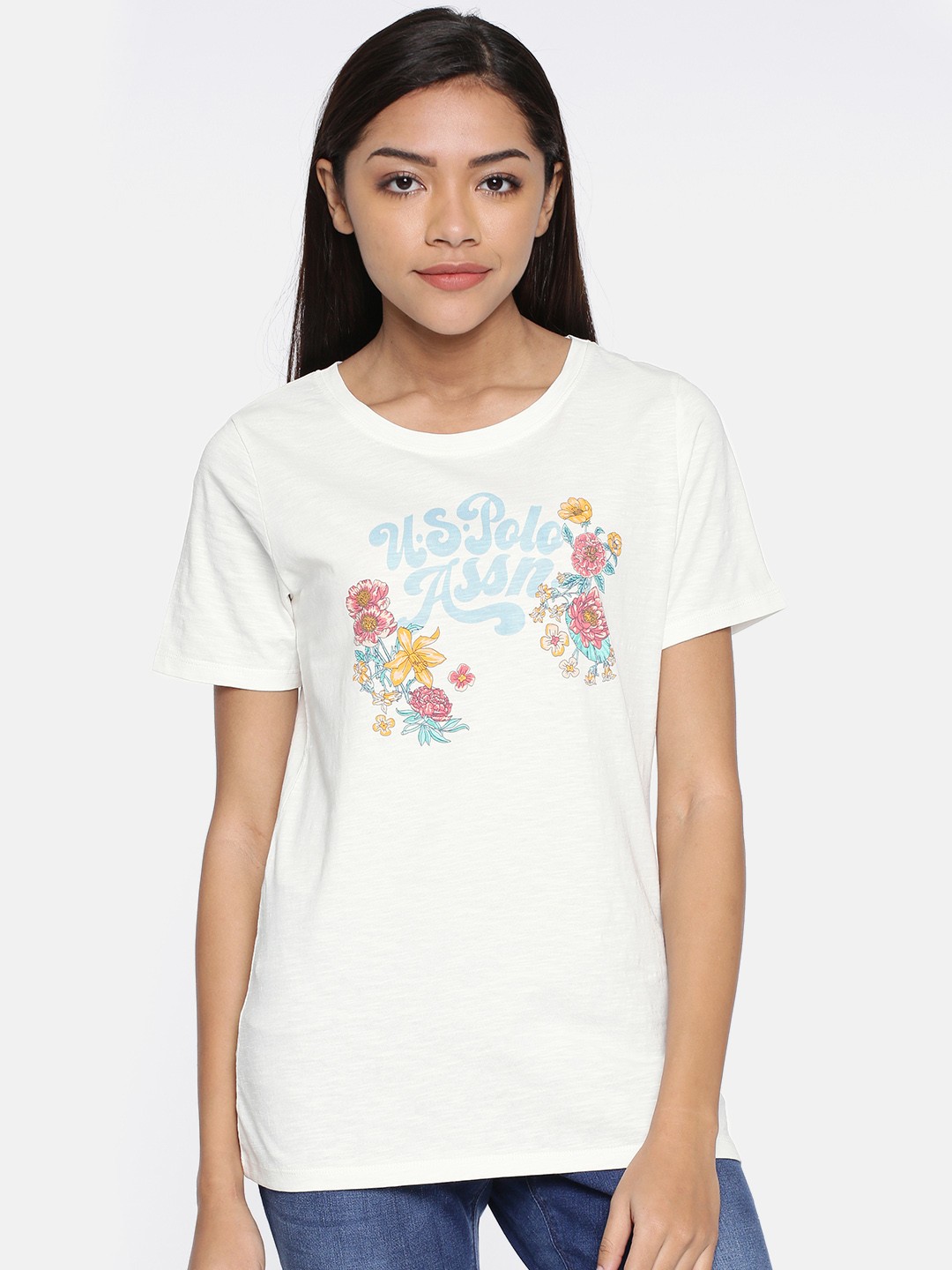 

U.S. Polo Assn. Women Women Off-White Printed Round Neck Pure Cotton T-shirt