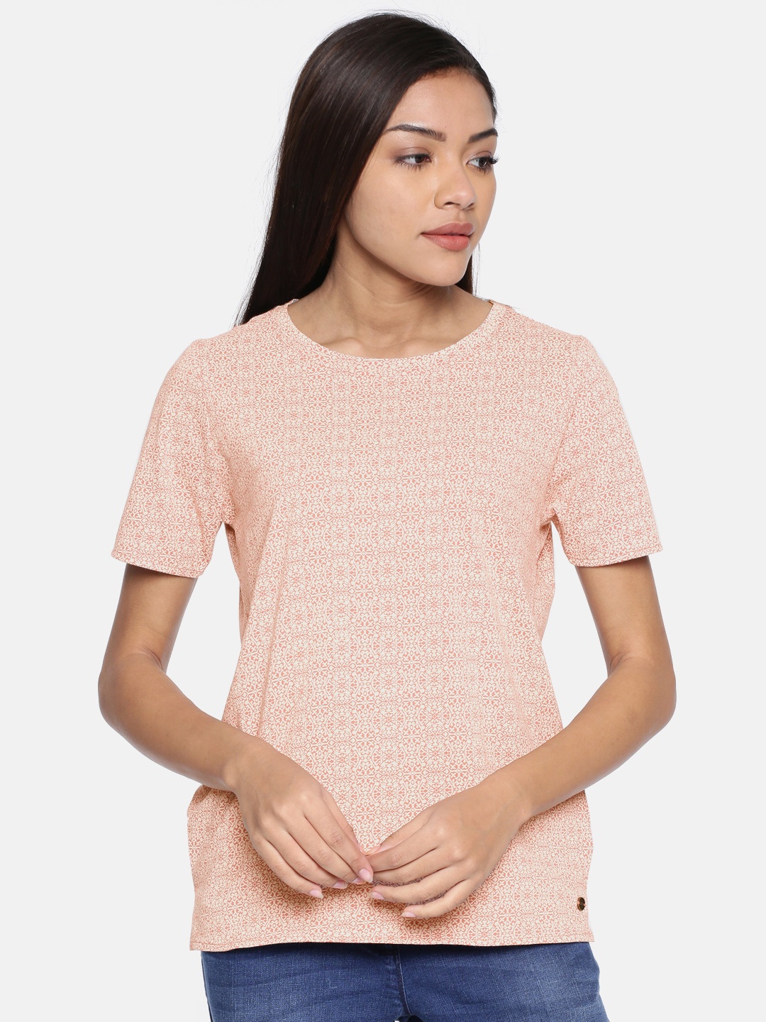 

U.S. Polo Assn. Women Women Peach-Coloured Printed Round Neck Pure Cotton T-shirt