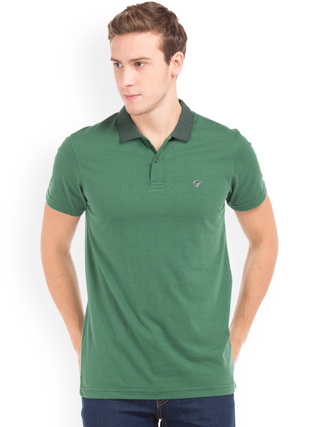

Ruggers Men Green Striped Polo Collar T-shirt