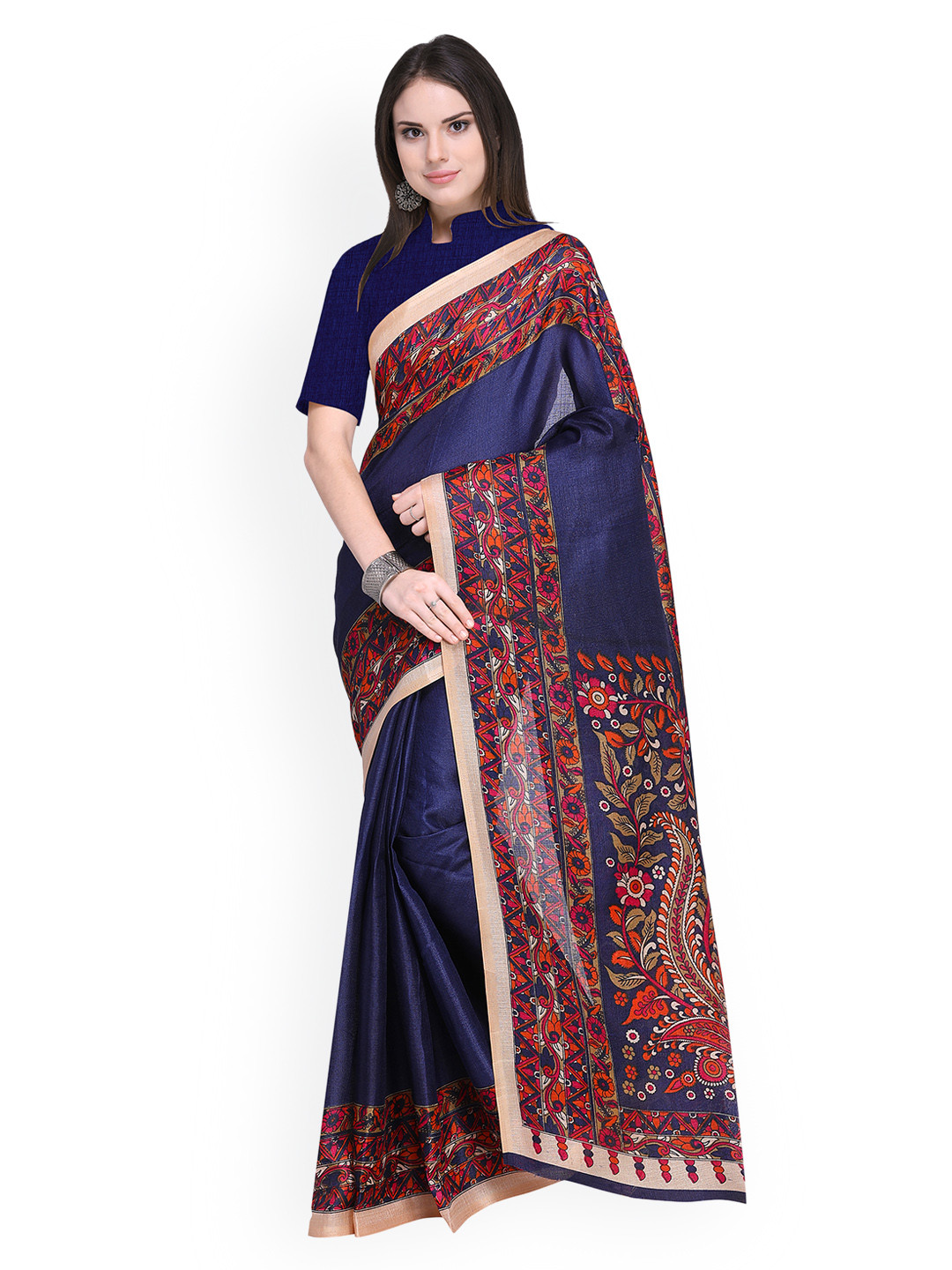 

Silk Bazar Navy Blue Silk Blend Printed Khadi Saree