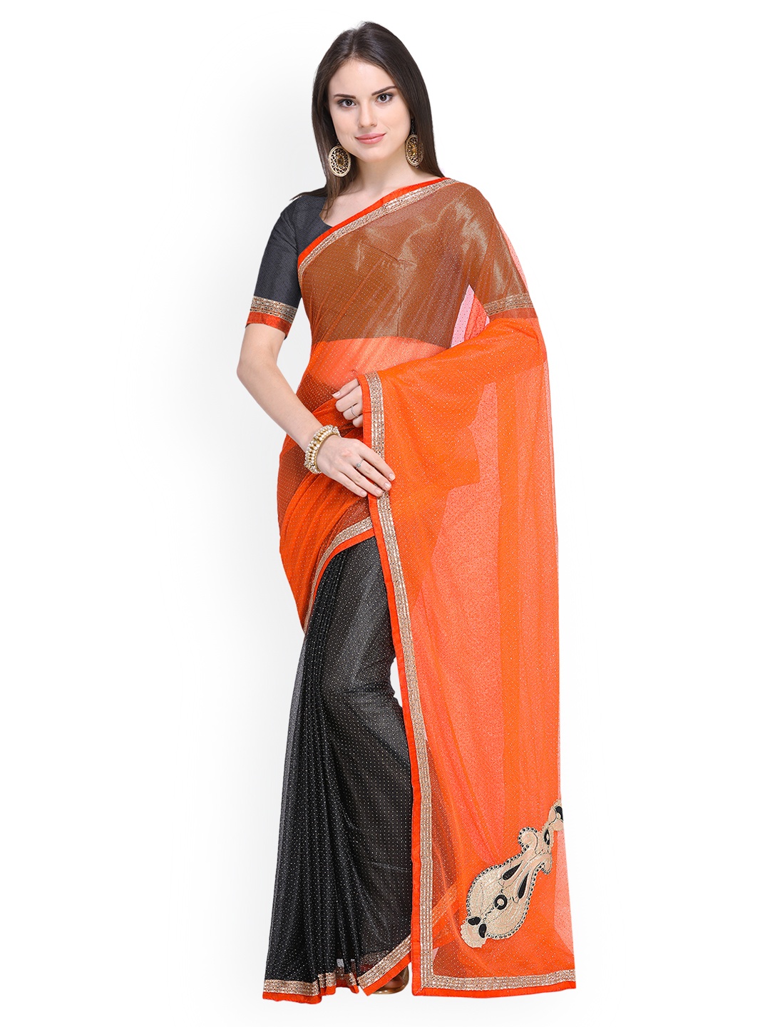 

Silk Bazar Orange & Black Net Embroidered Saree