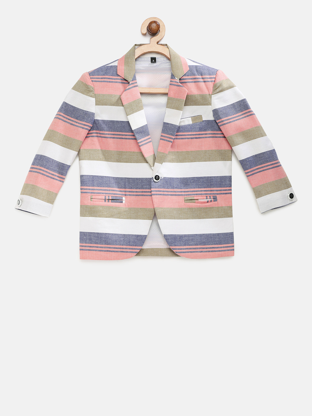 

Rikidoos Boys Grey & White Stripped Single Breasted Pure Cotton Blazer, Pink