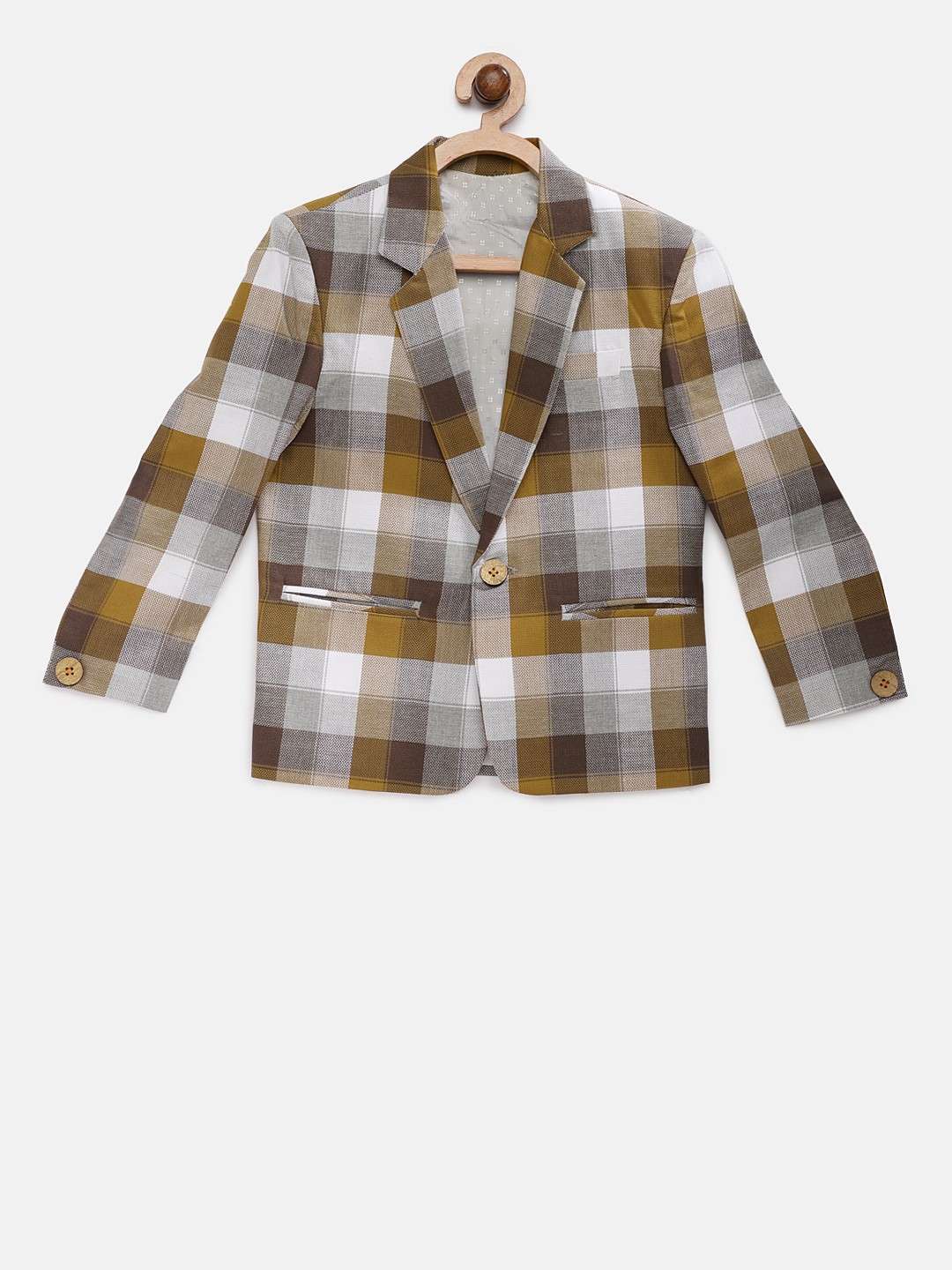 

Rikidoos Boys Mustard Yellow Checked Single Breasted Pure Cotton Blazer