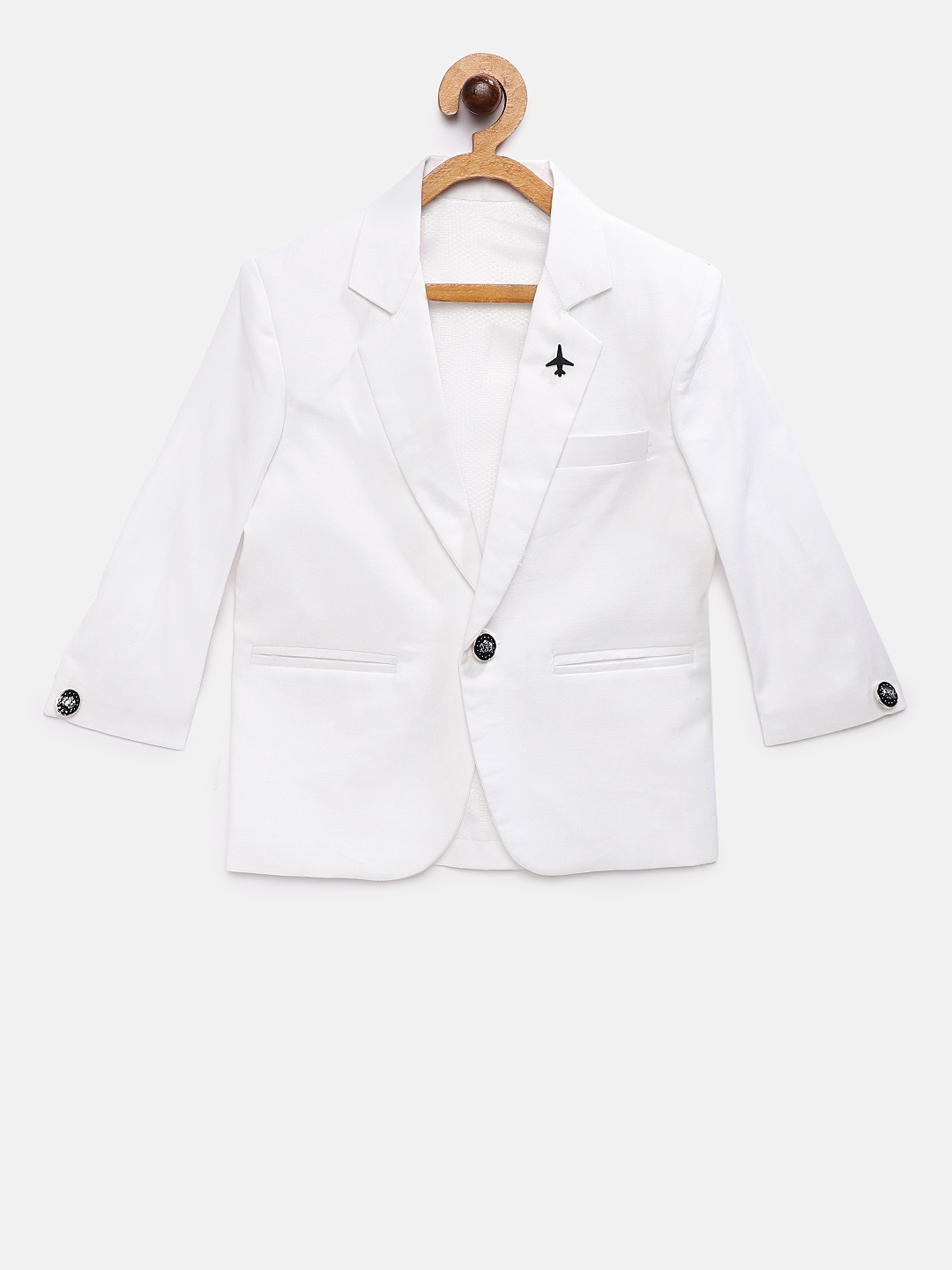 

Rikidoos Boys White Solid Single Breasted Pure Cotton Blazer
