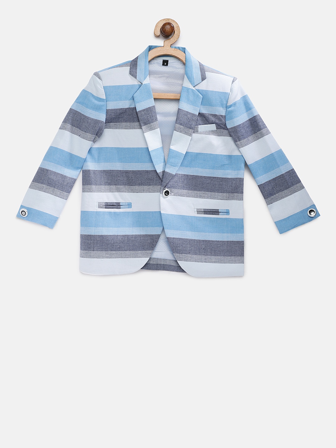 

Rikidoos Boys Blue & Off-White Striped Single Breasted Pure Cotton Blazer