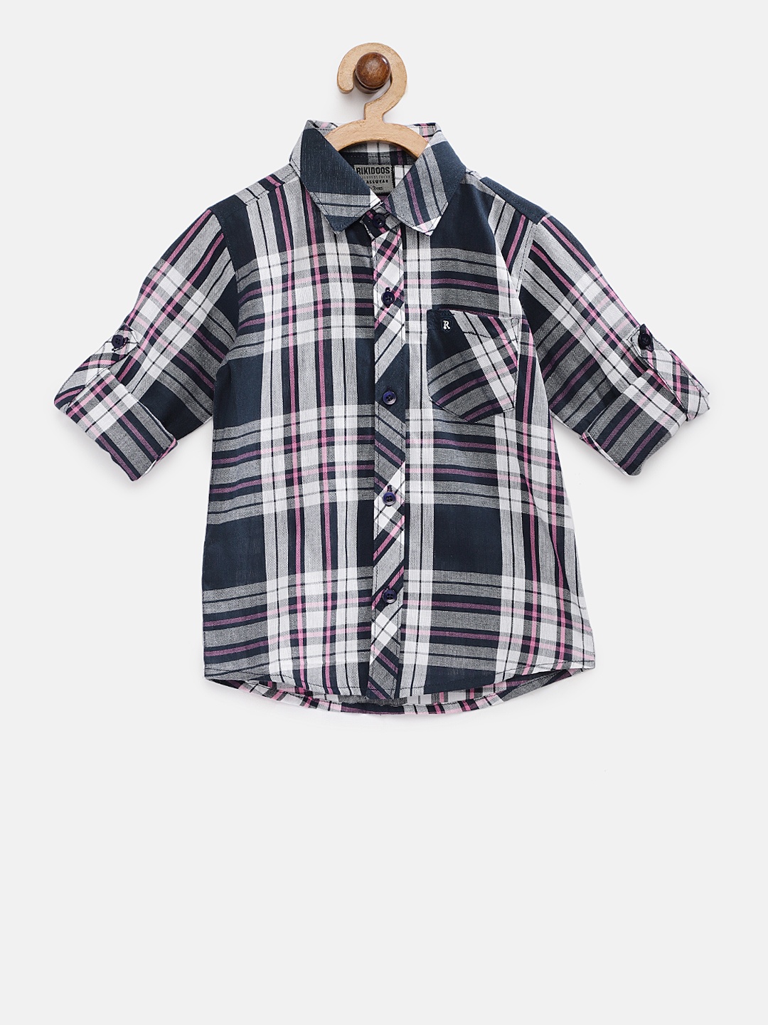 

RIKIDOOS Boys Navy Blue Regular Fit Checked Casual Shirt, Peach