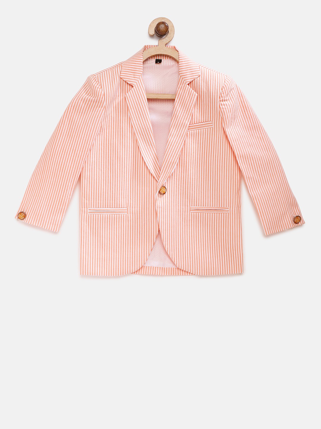

Rikidoos Boys Peach Colored Stripped Single Breasted Pure Cotton Blazer