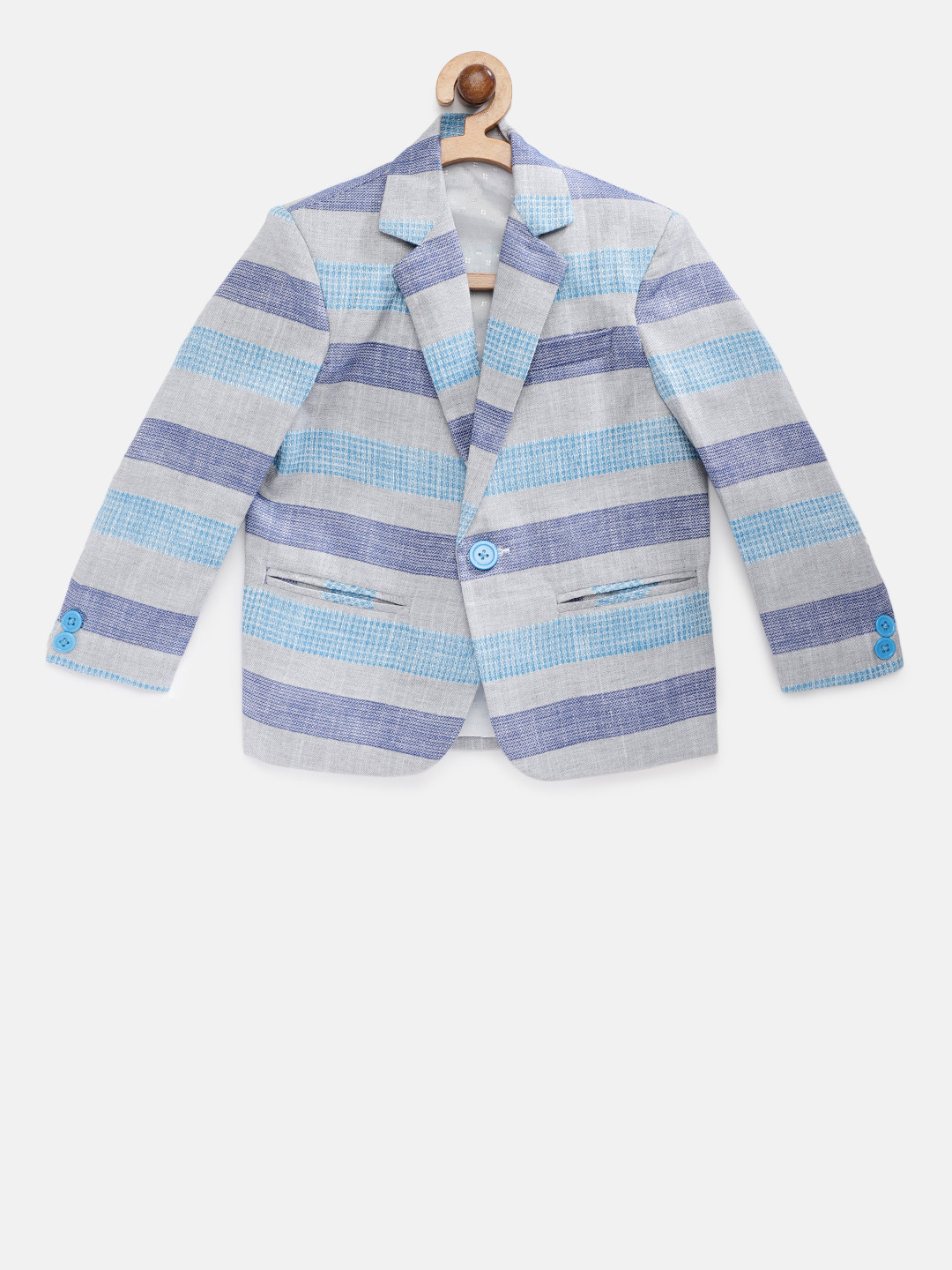

Rikidoos Boys Blue & Grey Striped Single Breasted Pure Cotton Blazer
