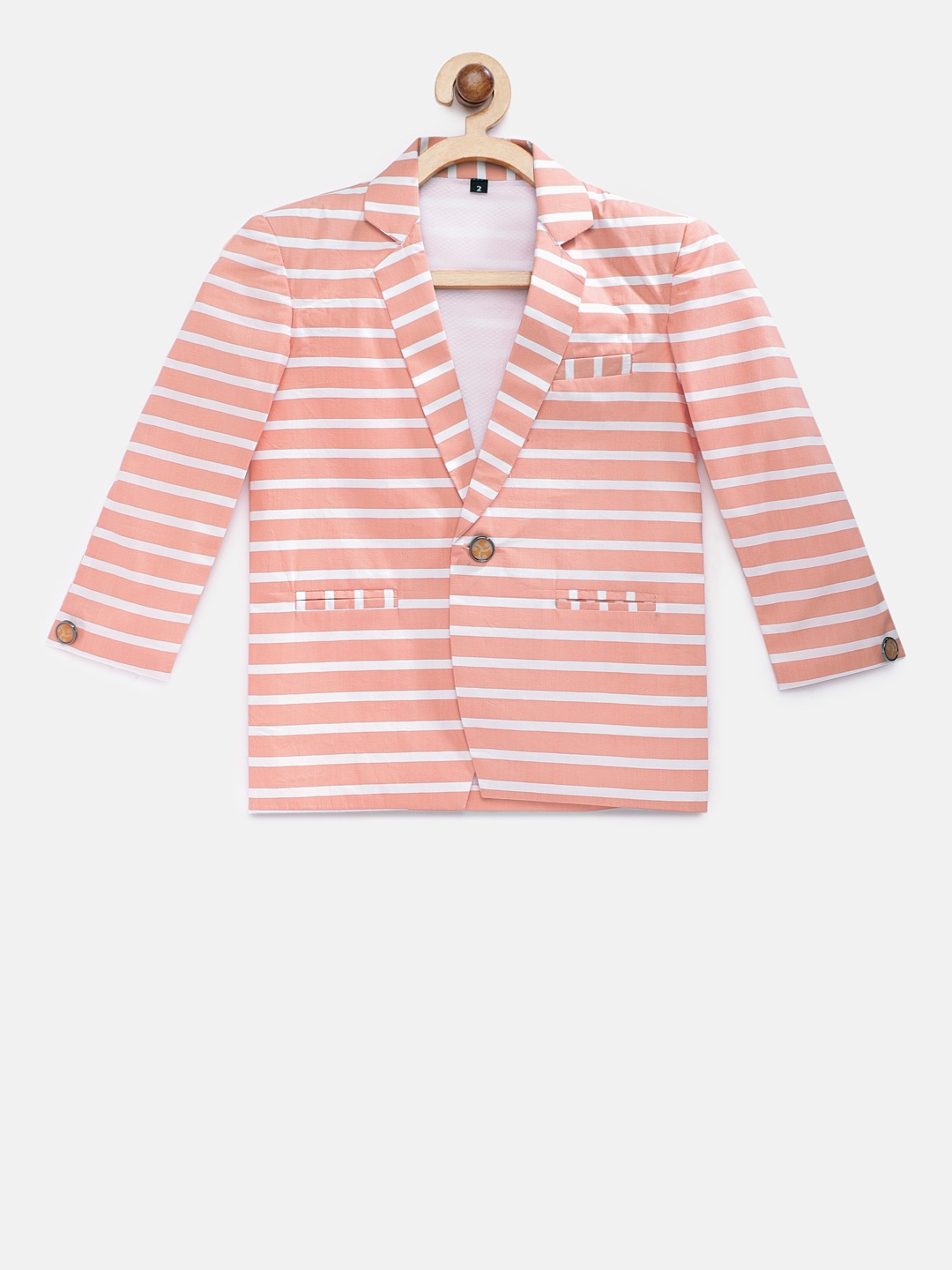 

Rikidoos Boys Peach Colored Striped Single Breasted Pure Cotton Blazer