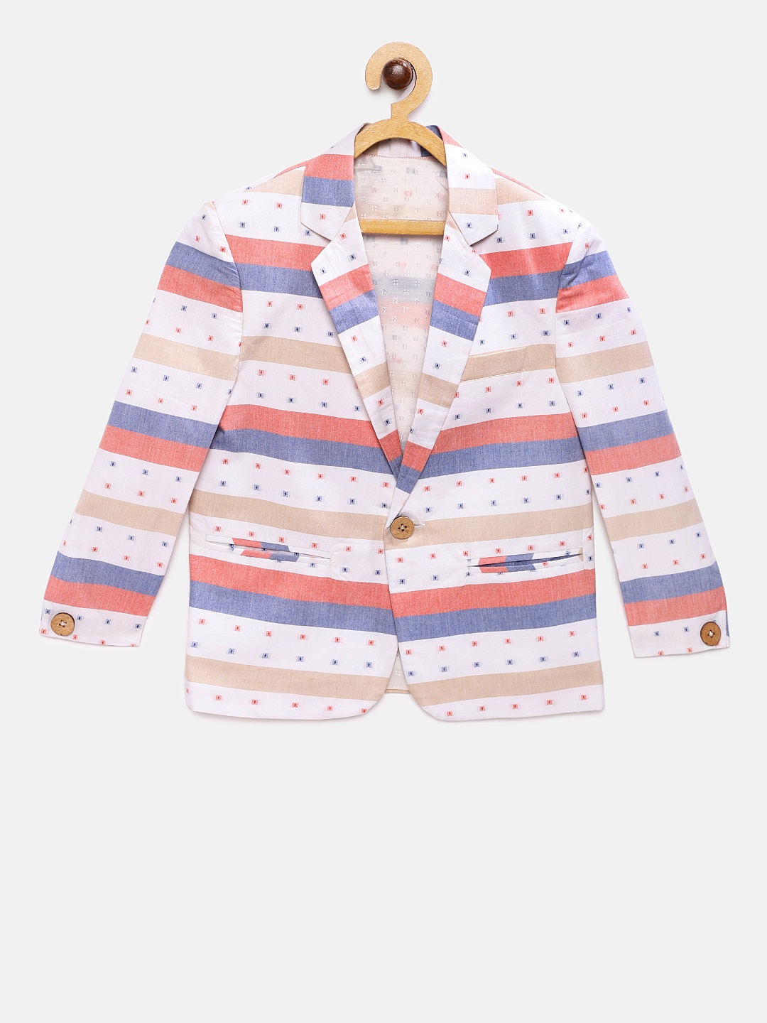 

RIKIDOOS Boys White & Red Striped Single-Breasted Pure Cotton Blazer, Off white