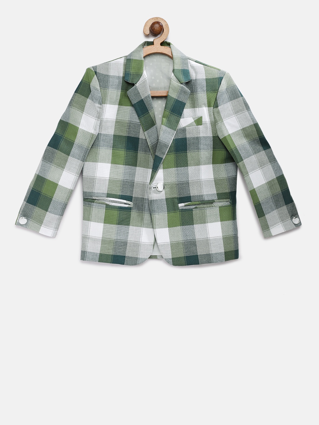 

Rikidoos Boys Green Checked Single Breasted Pure Cotton Blazer