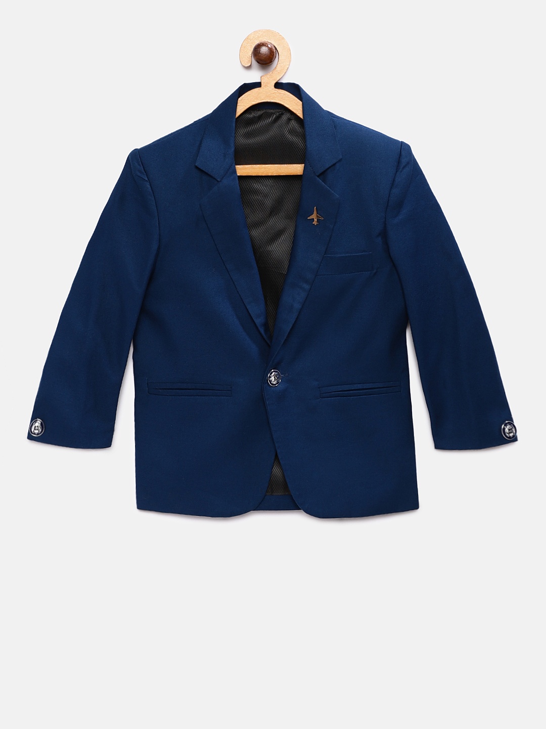 

Rikidoos Boys Navy Blue Solid Single Breasted Pure Cotton Blazer