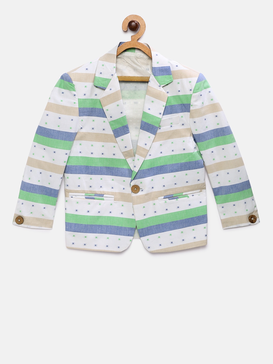 

Rikidoos Boys White & Green Single Breasted Pure Cotton Blazer