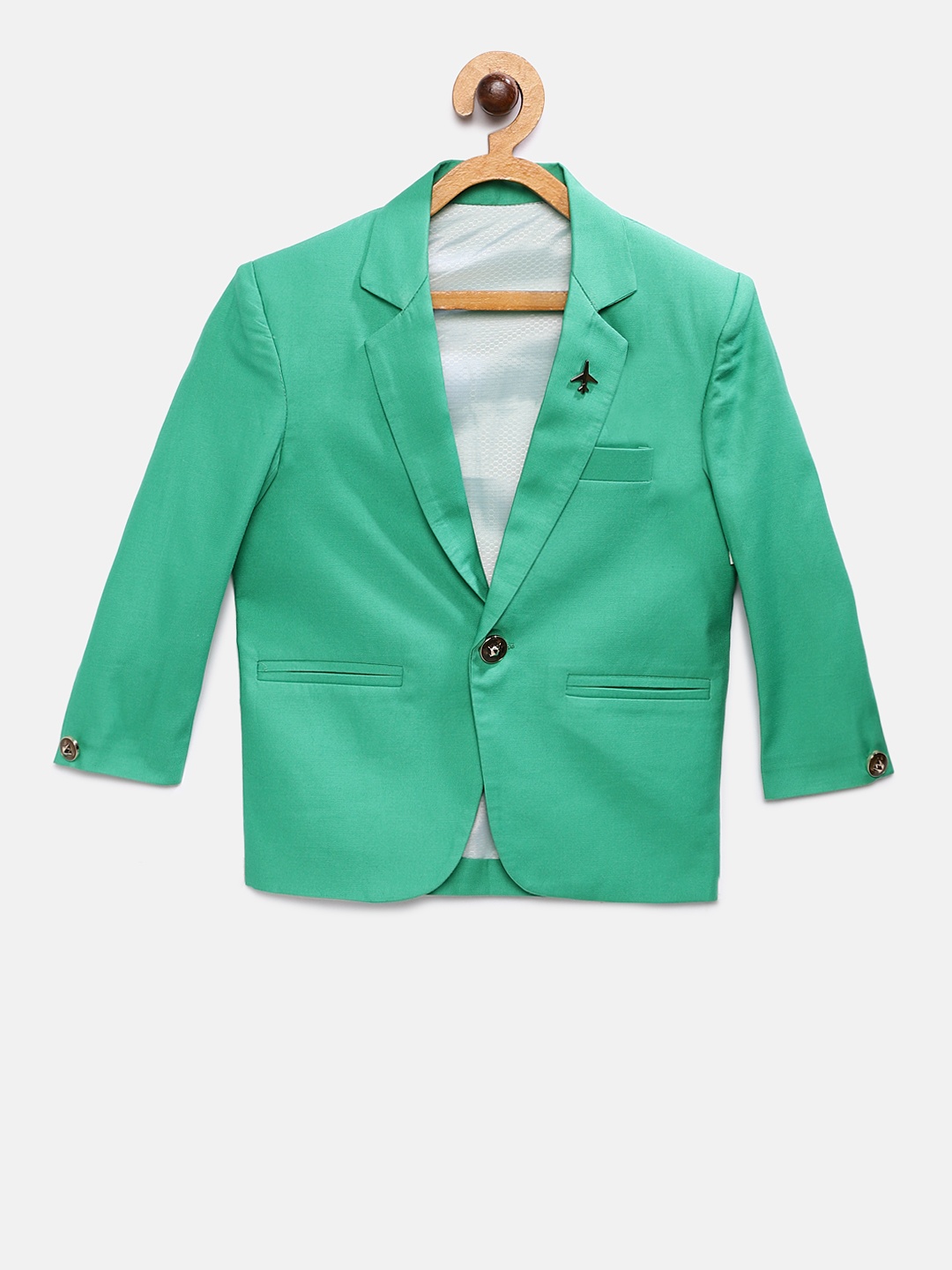 

Rikidoos Boys Green Solid Single Breasted Pure Cotton Blazer