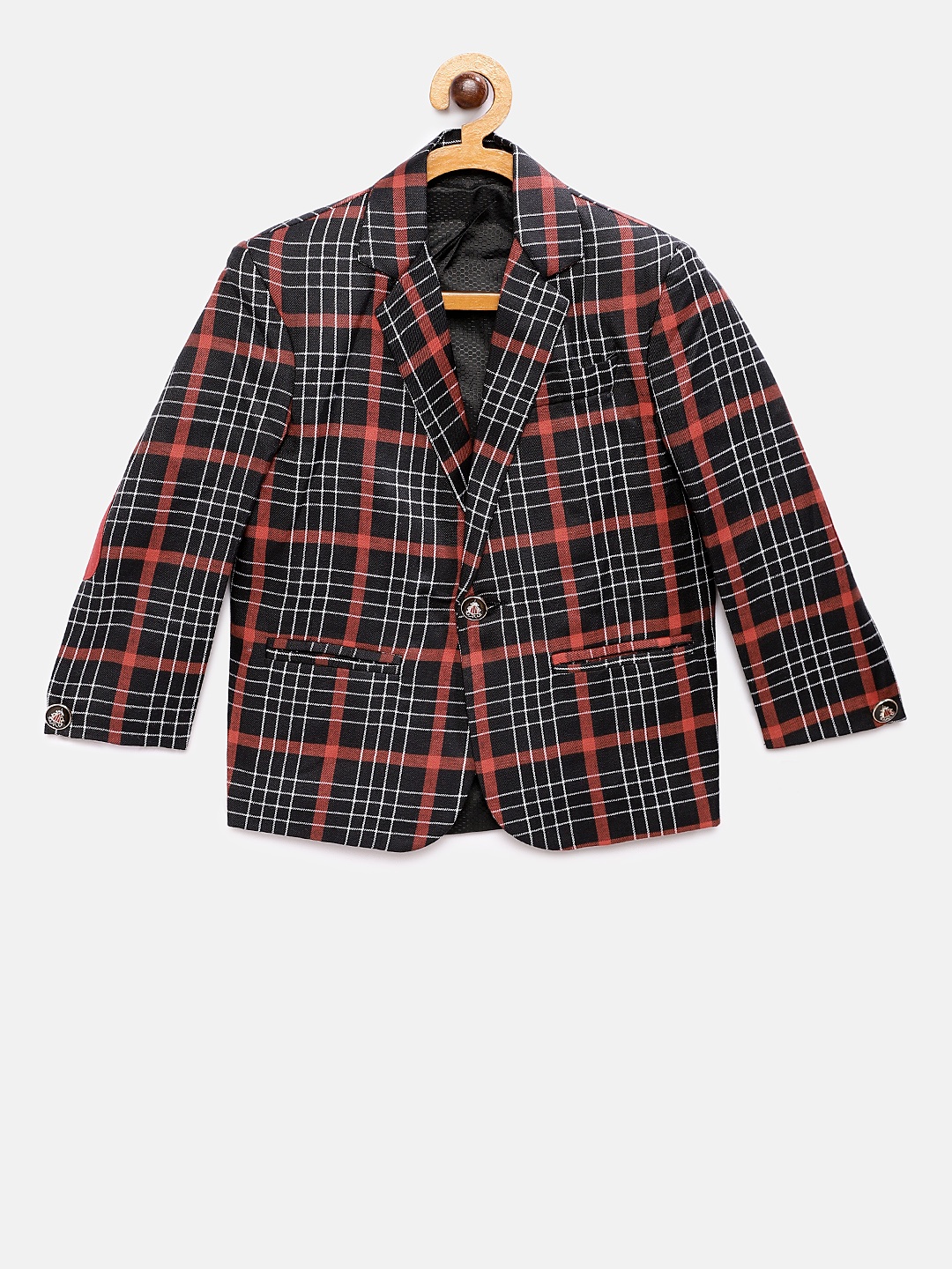 

Rikidoos Boys Black & Red Checked Single Breasted Pure Cotton Blazer