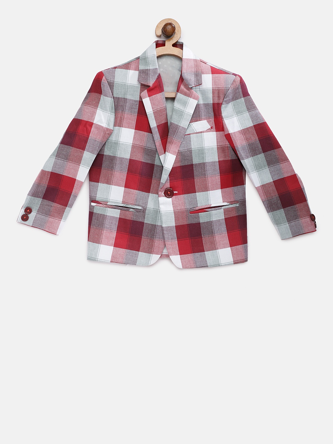 

Rikidoos Boys Red Checked Single Breasted Pure Cotton Blazer