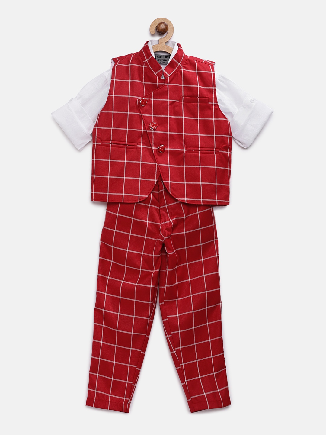 

RIKIDOOS Boys Red & White Solid Shirt with Trousers
