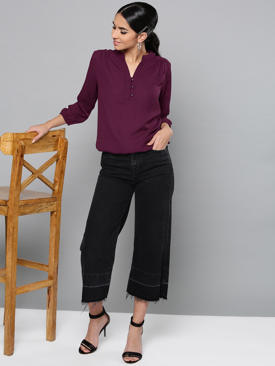 

Harpa Women Aubergine Solid Blouson Top, Purple