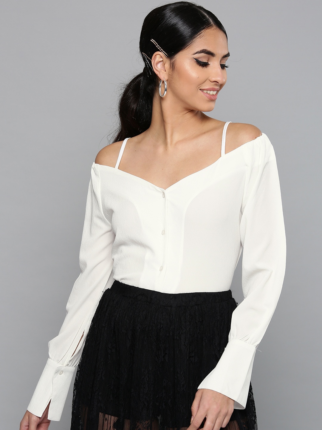 

Harpa White Bardot Top With Cuffed Sleeves