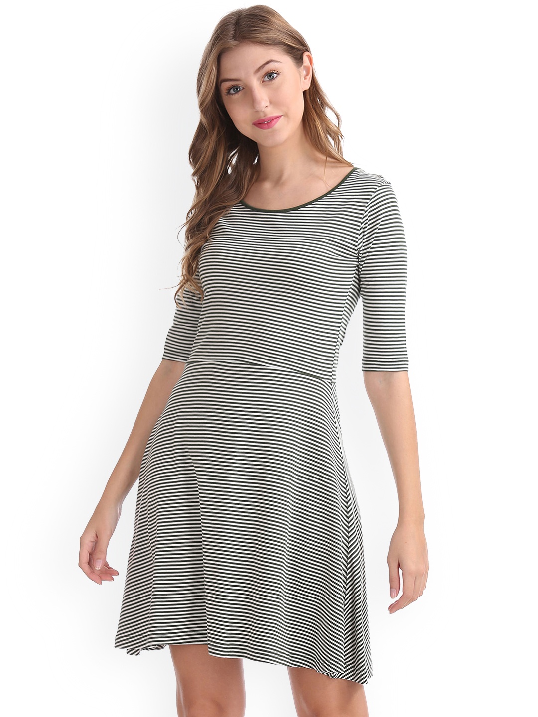 

Sugr Women Grey Striped Fit and Flare Dress