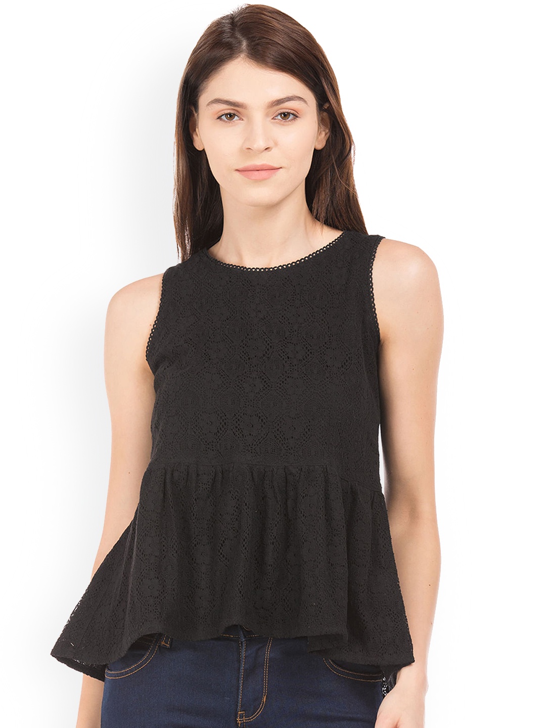 

Sugr Women Black Self Design Peplum Top