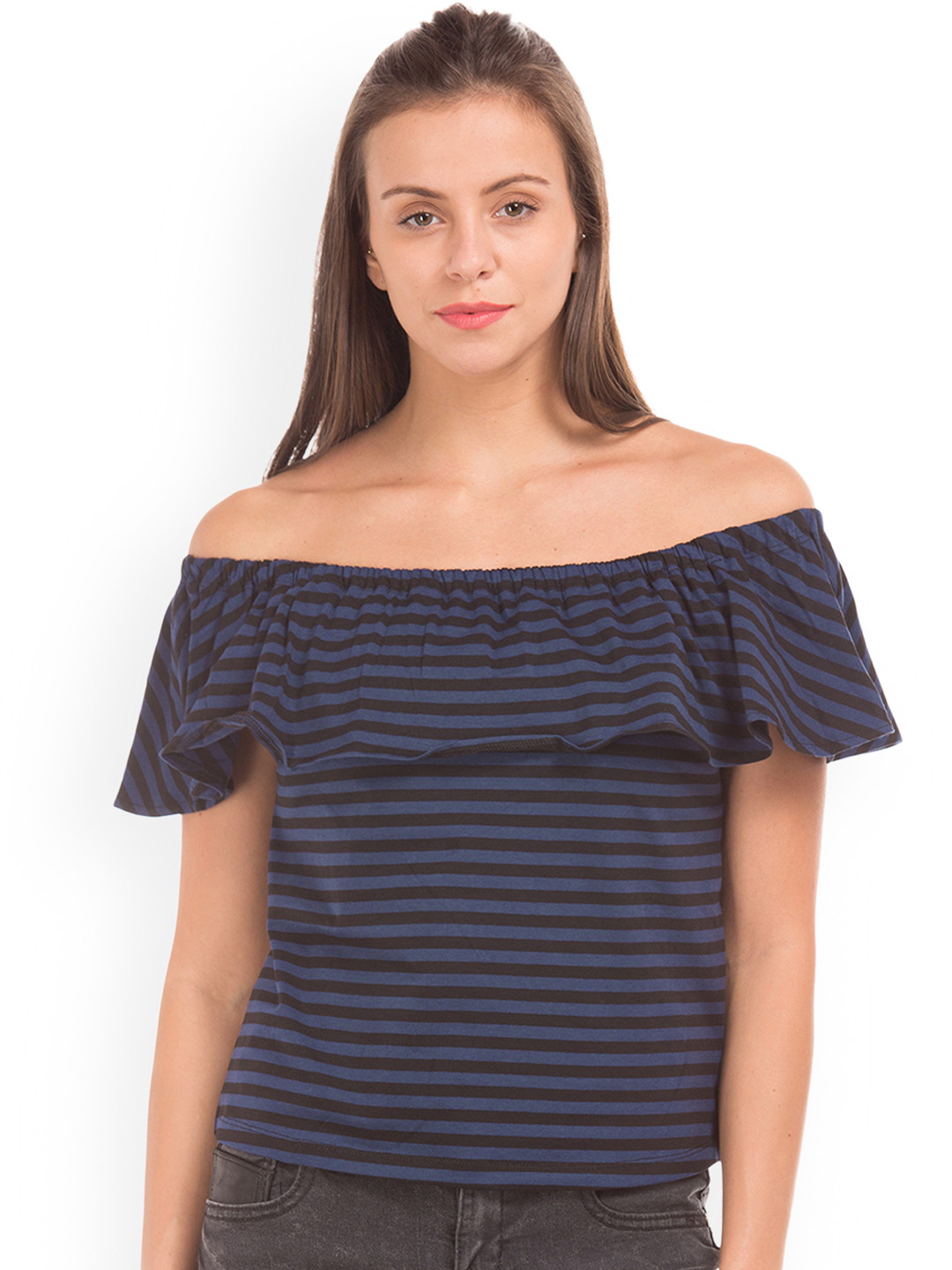 

Sugr Women Blue Striped Bardot Top