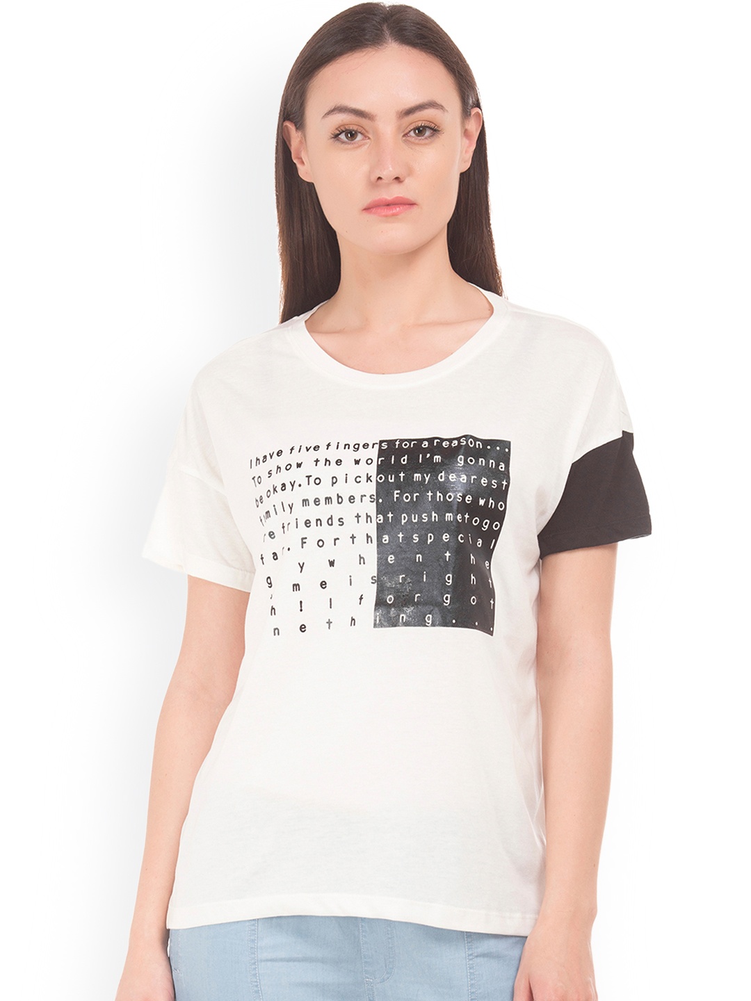 

Sugr Women White Printed Round Neck T-shirt