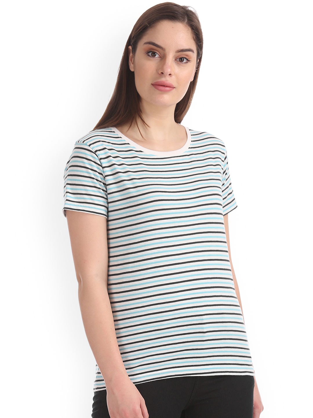 

Sugr Women Blue & White Striped Round Neck T-shirt