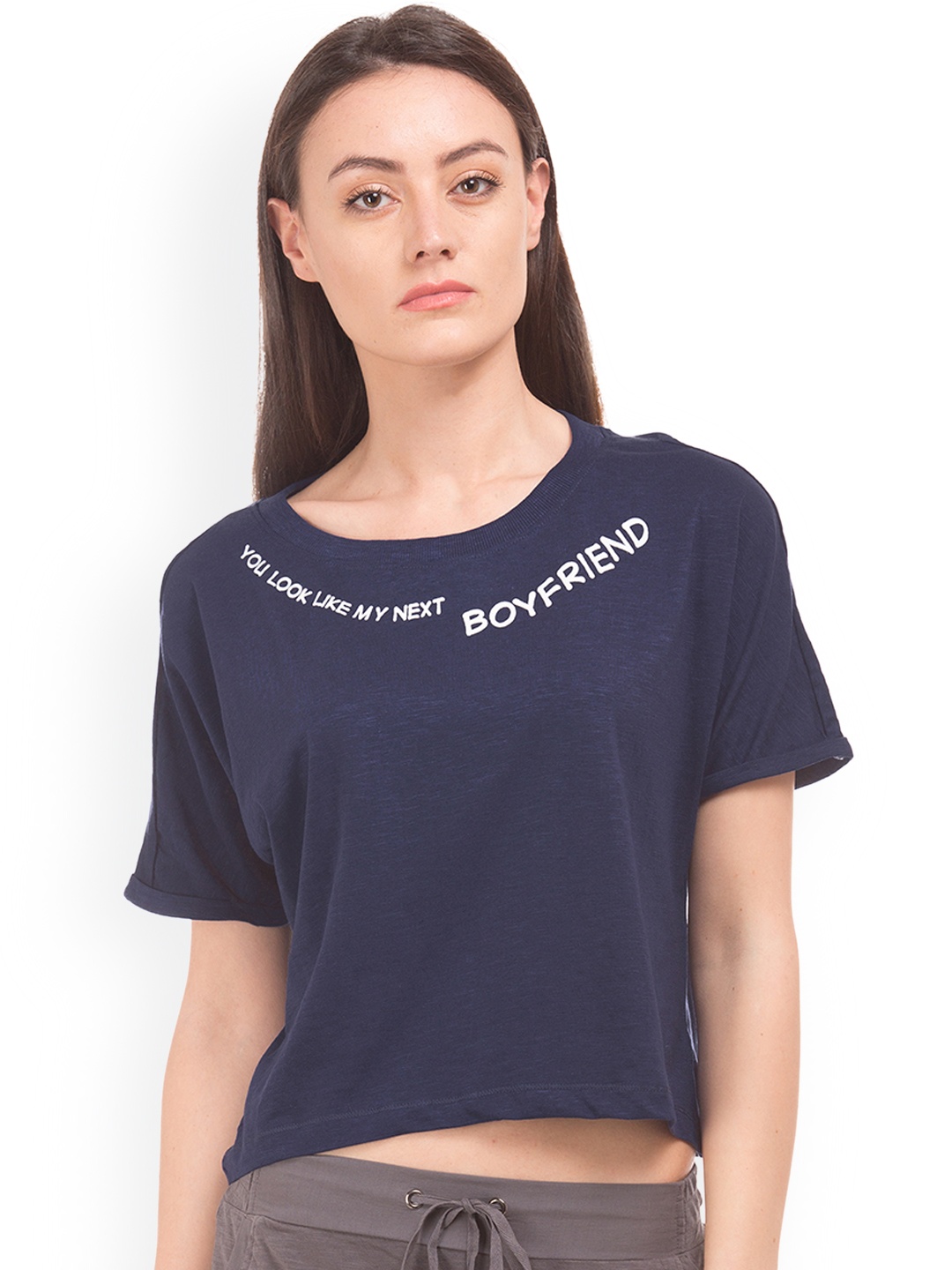 

Sugr Women Navy Blue Solid Styled Back Pure Cotton Top