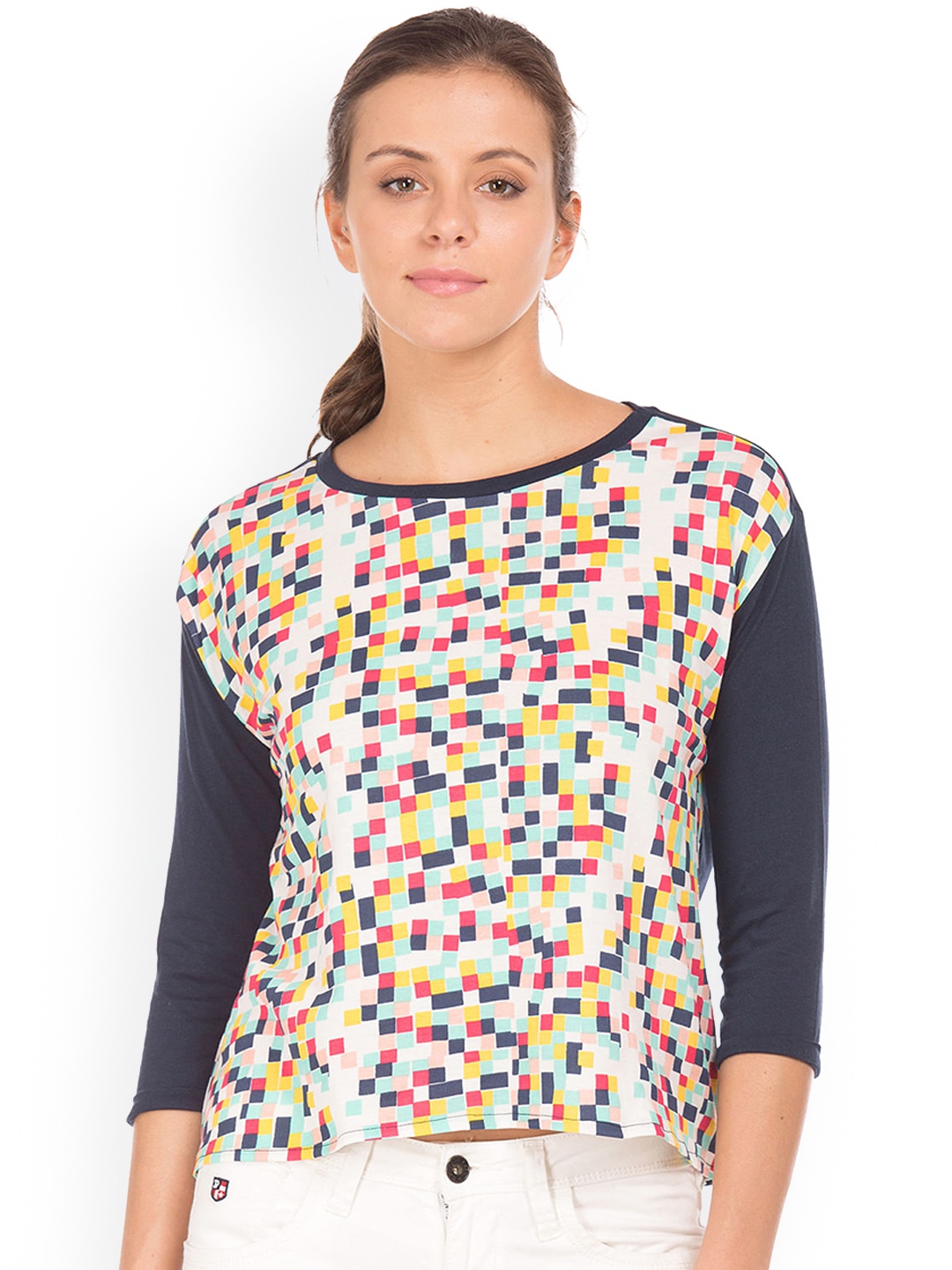 

Sugr Women Off-White & Navy Blue Printed Styled Back Top