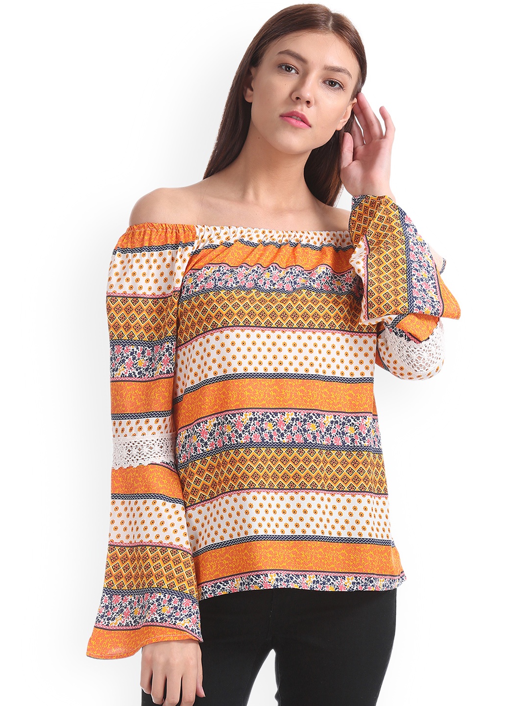 

Cherokee Women Orange Printed Bardot Top