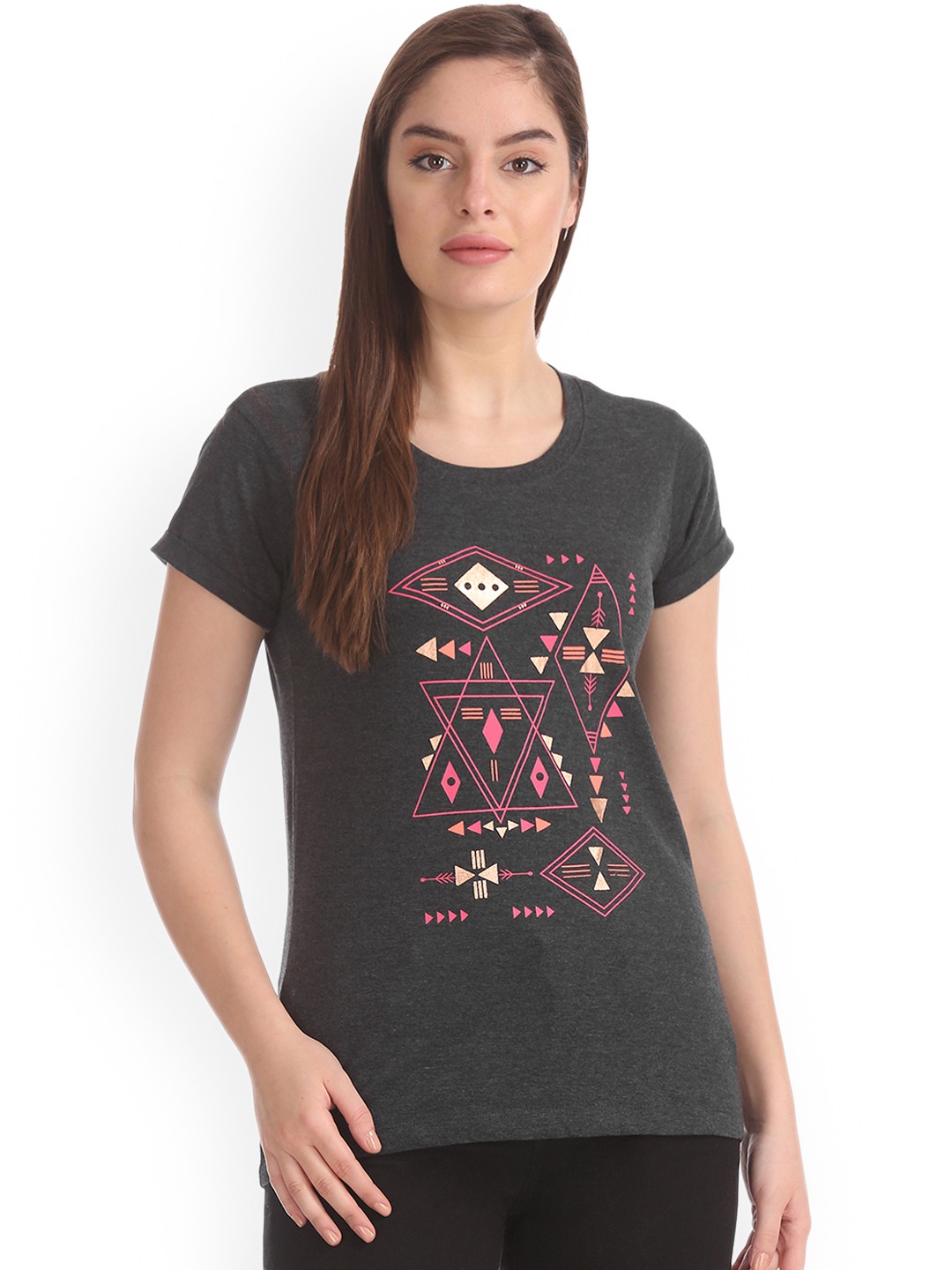 

Cherokee Women Black Printed Round Neck T-shirt