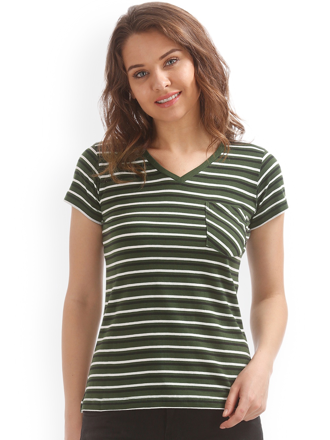 

Cherokee Women Olive Green Striped V-Neck T-shirt