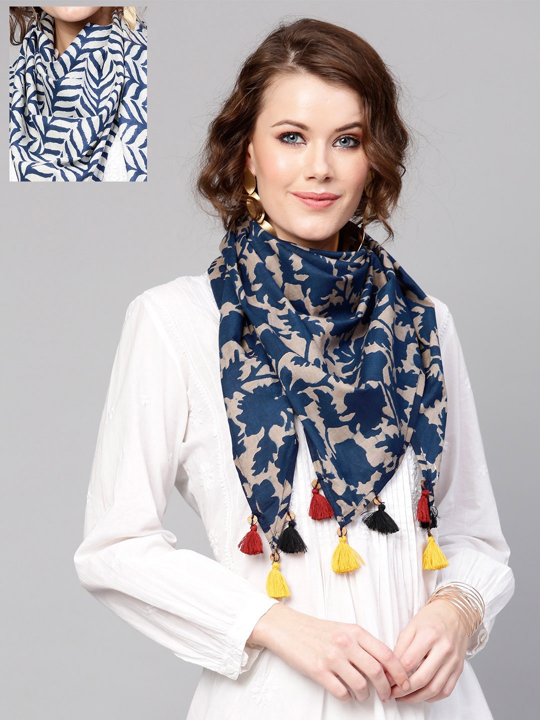 

SASSAFRAS Women Pack of 2 Printed Scarves, Navy blue