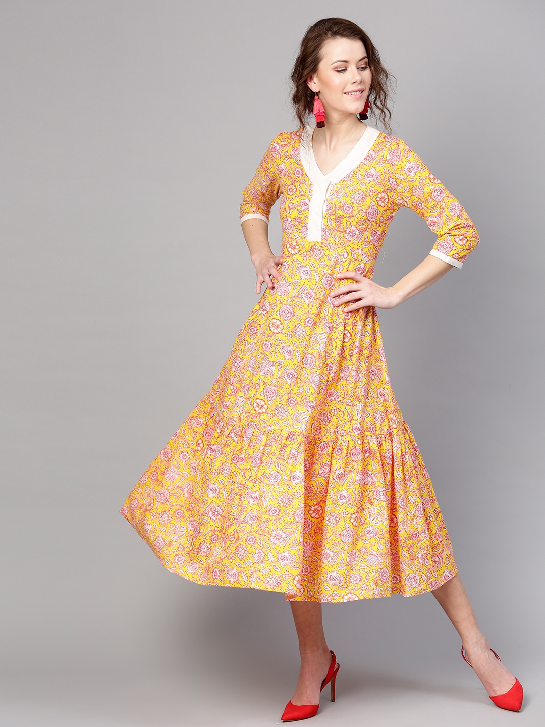 

SASSAFRAS Women Yellow & Pink Printed A-Line Dress