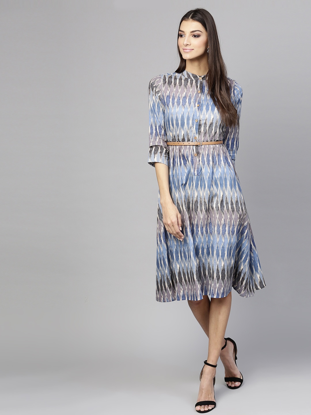 

SASSAFRAS Women Blue & Beige Printed A-Line Dress