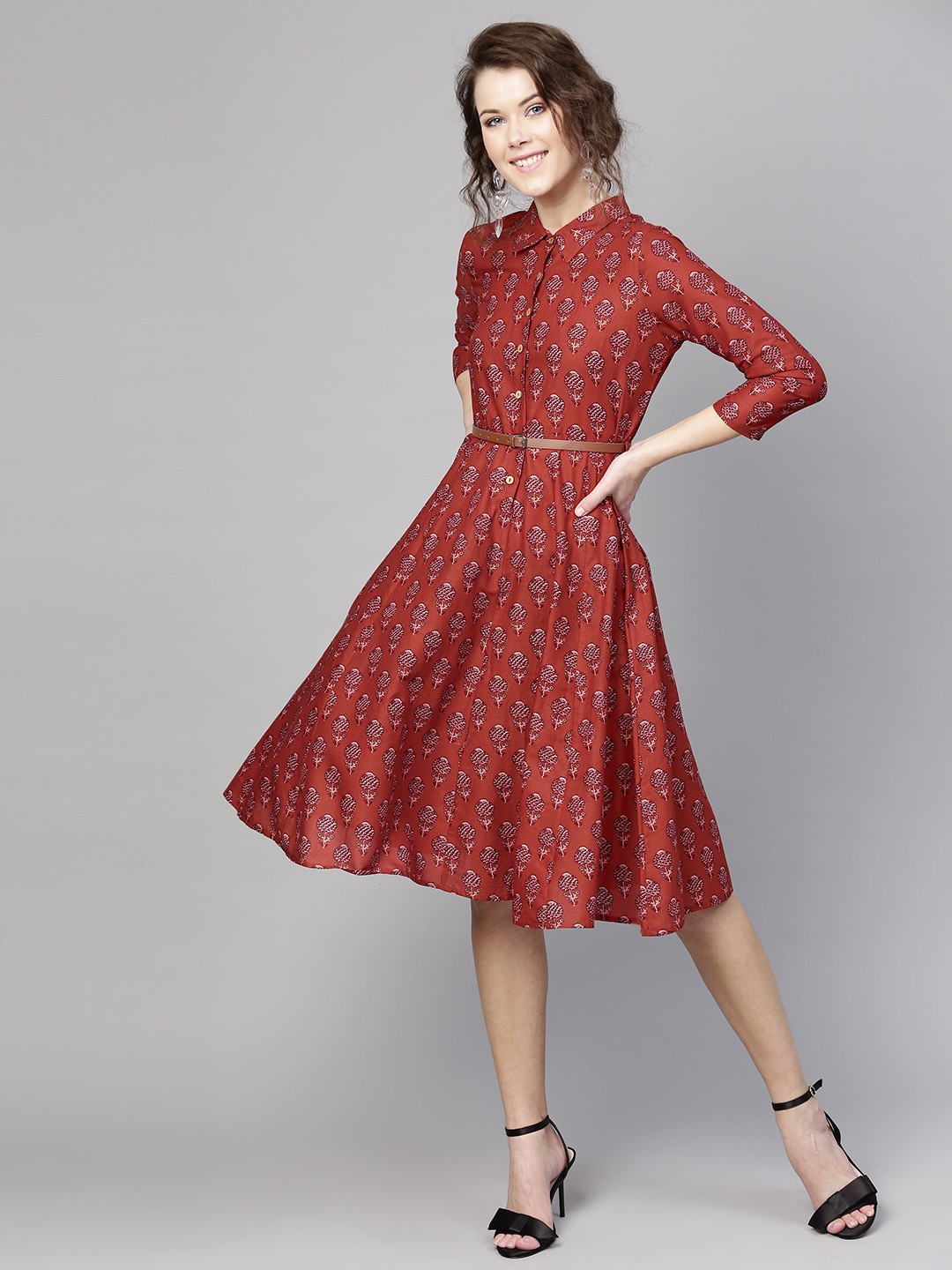 

SASSAFRAS Women Rust Red Printed A-Line Dress