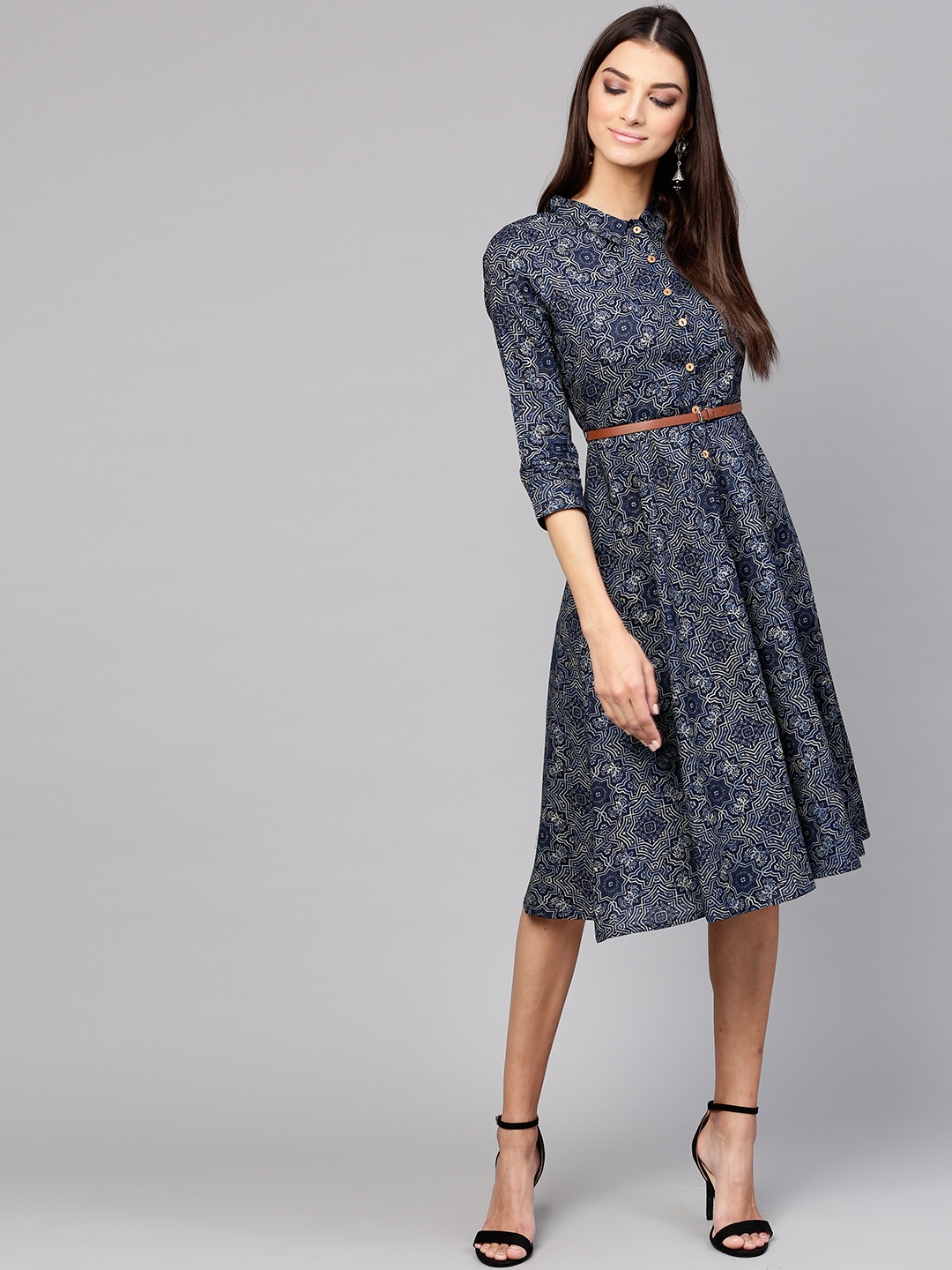 

SASSAFRAS Women Navy Blue Printed A-Line Dress