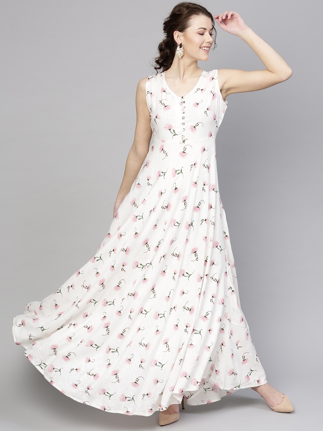 

SASSAFRAS White & Pink Floral Printed Maxi Dress