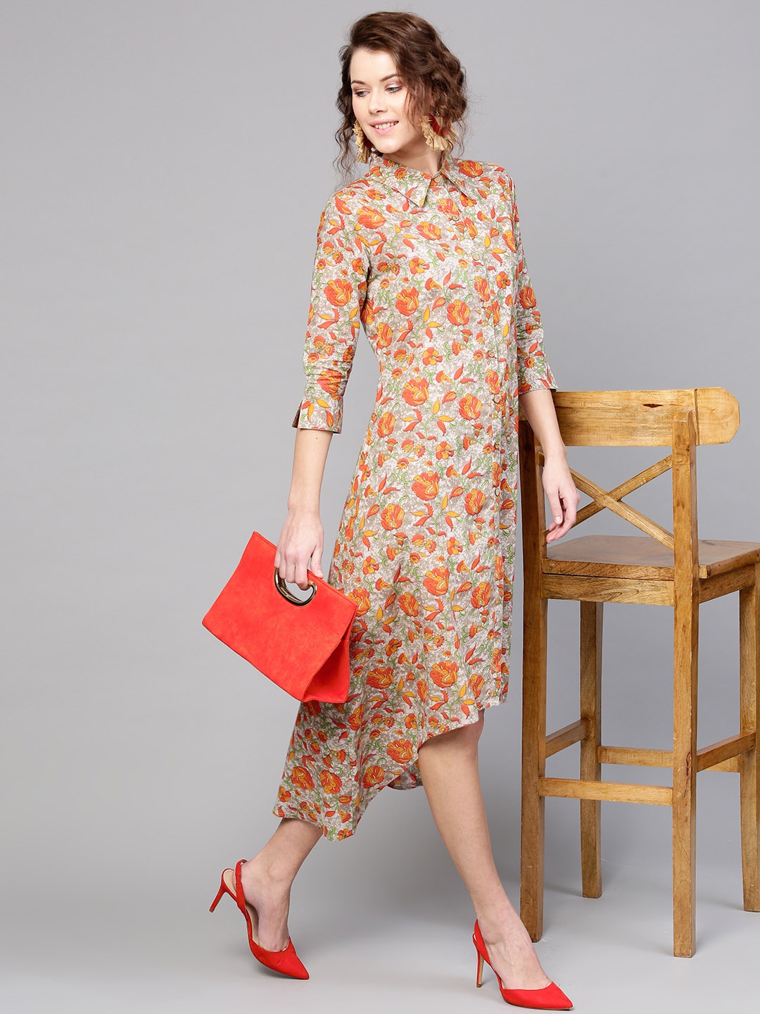 

SASSAFRAS Women Grey & Orange Printed A-Line Dress
